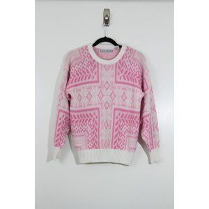 Vintage Adam French Sweater Womens L Pink White Geometrical Acrylic